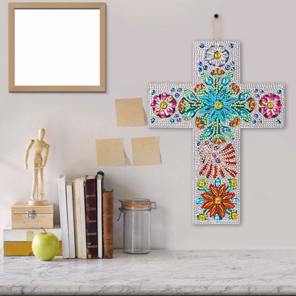 5D Diamond Painting Dekoanhänger Kreuz mit Blumen, Unique-Diamond