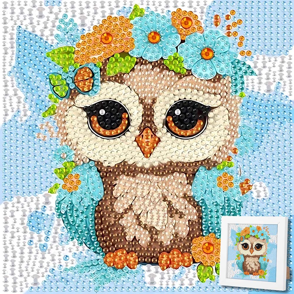 5D Diamond Painting Eulchen Livia im Blütenzauber mit Strasssteinchen, Unique-Diamond