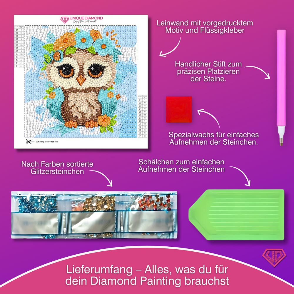 5D Diamond Painting Eulchen Livia im Blütenzauber mit Strasssteinchen, Unique-Diamond