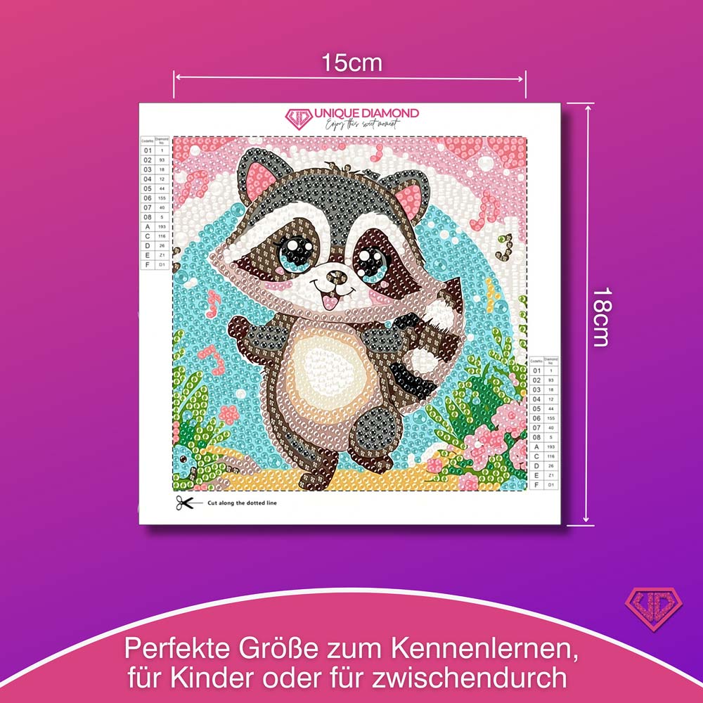 5D Diamond Painting Fröhlicher Waschbär Ricky mit Strasssteinchen, Unique-Diamond