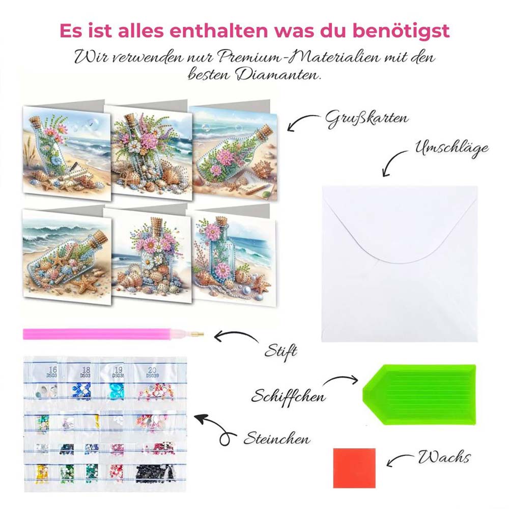 5D Diamond Painting Grußkarten – Flaschenpost am Meer, Unique-Diamond