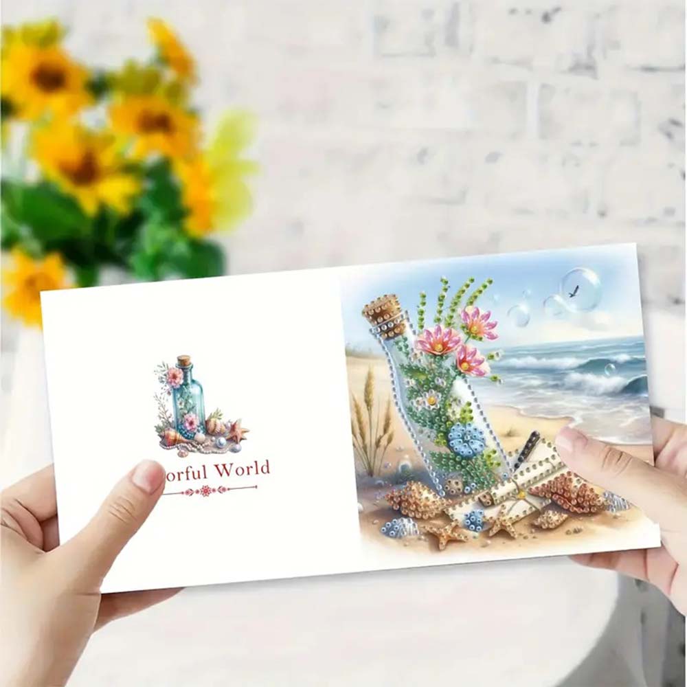 5D Diamond Painting Grußkarten – Flaschenpost am Meer, Unique-Diamond