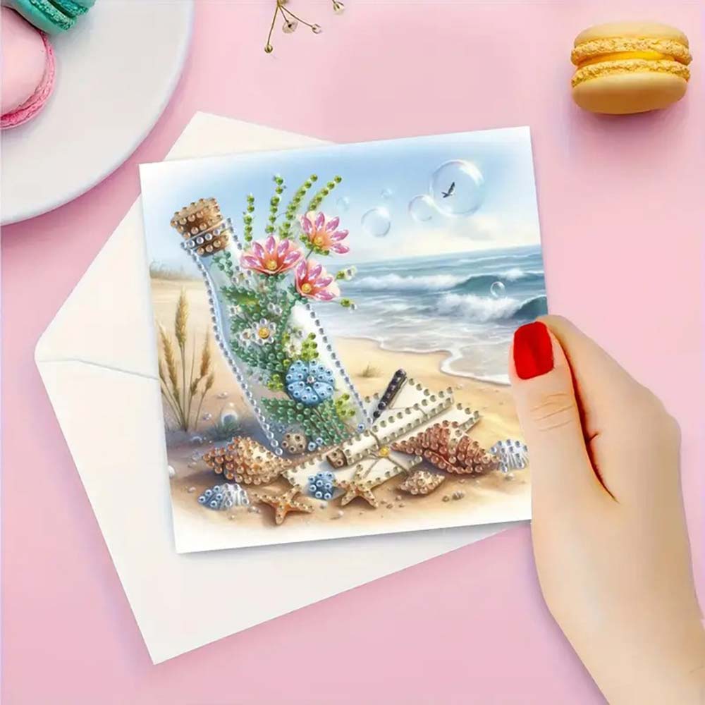 5D Diamond Painting Grußkarten – Flaschenpost am Meer, Unique-Diamond