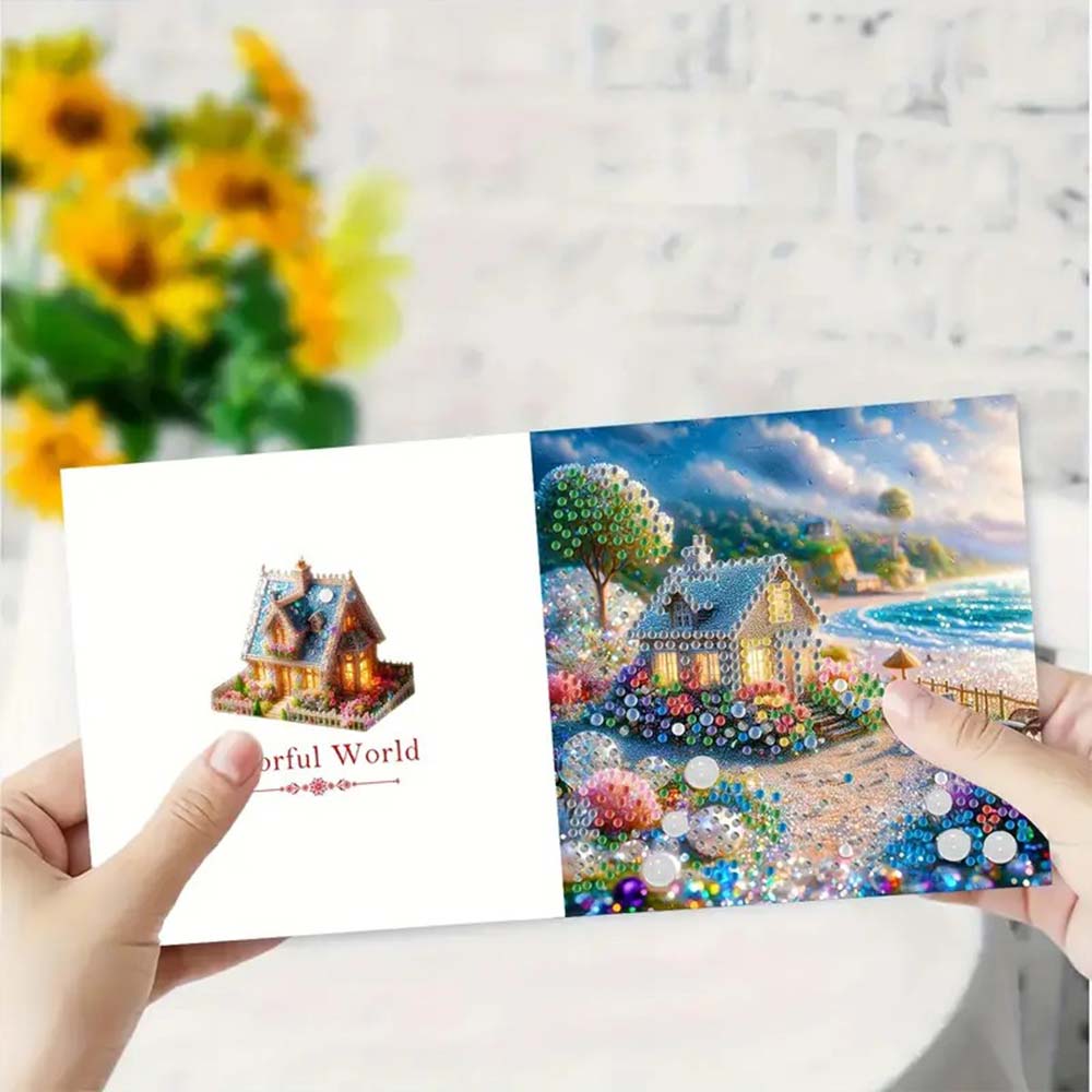 5D Diamond Painting Grußkarten – Glitzerhäuschen am Meer, Unique-Diamond
