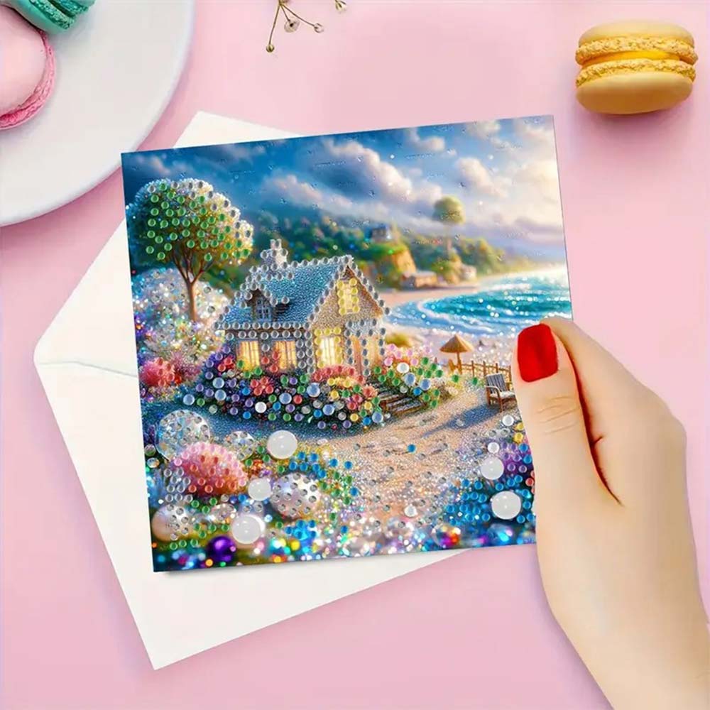 5D Diamond Painting Grußkarten – Glitzerhäuschen am Meer, Unique-Diamond