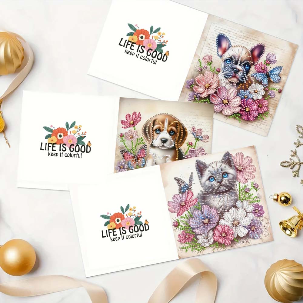 5D Diamond Painting Grußkarten – Tierische Blumengrüße 6 Stück, Unique-Diamond