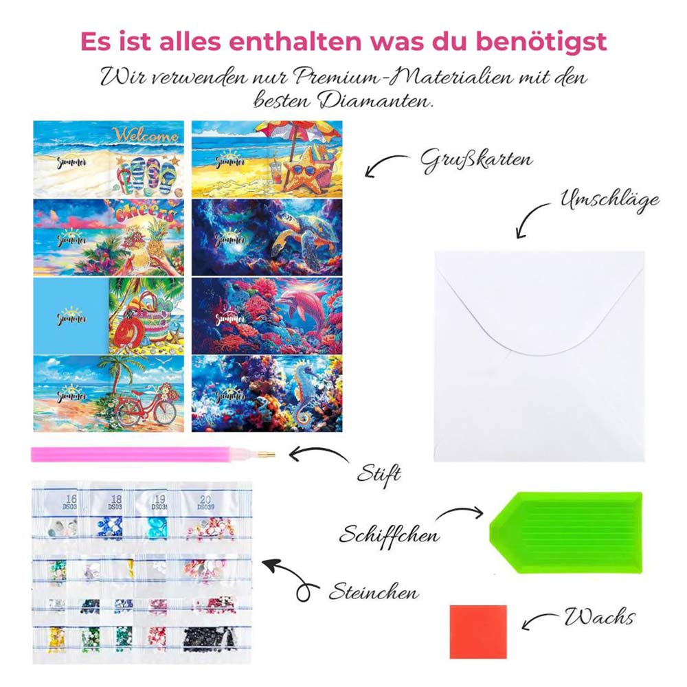 5D Diamond Painting Grußkarten – Tropische Sommerfreude 8 Stück, Unique-Diamond