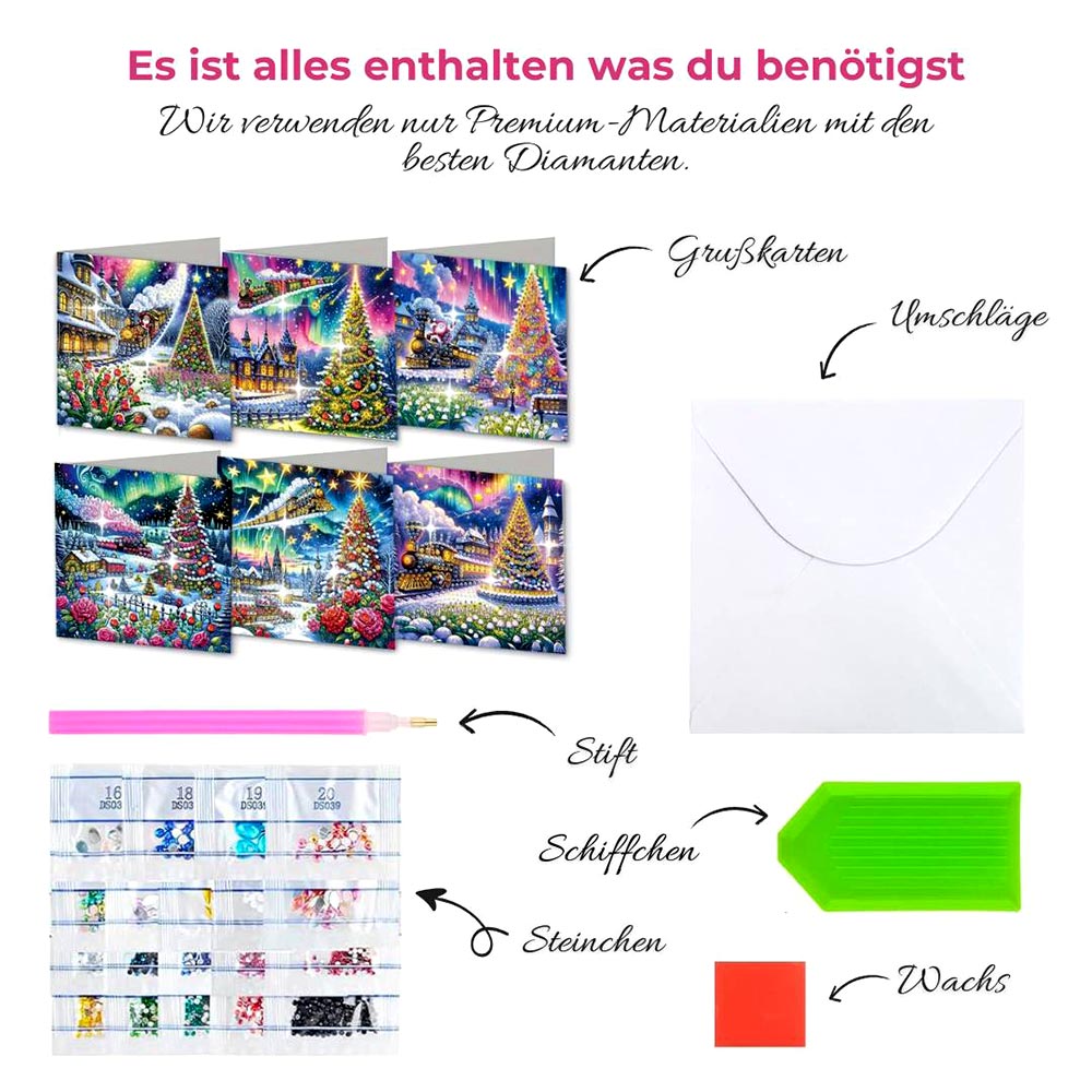 5D Diamond Painting Grußkarten – Weihnachtszug & Nordlichter-Magie