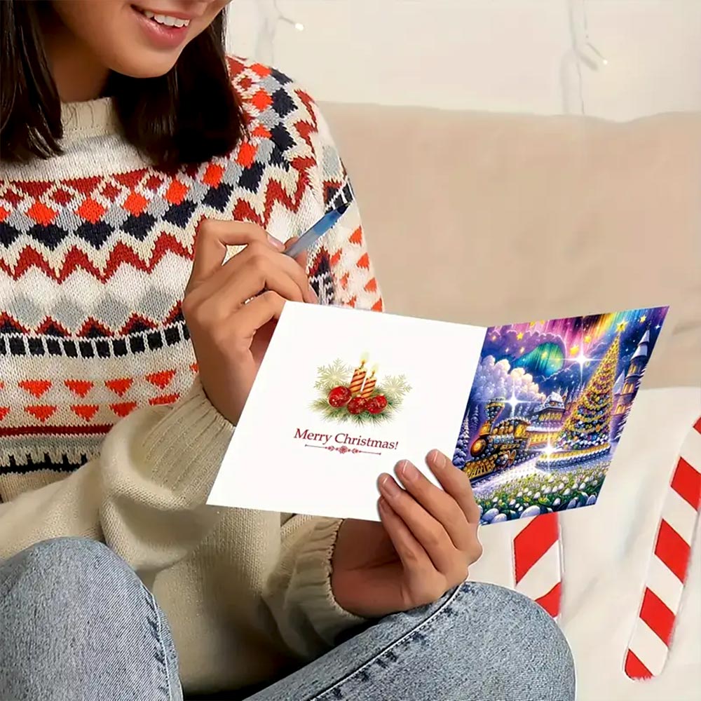 5D Diamond Painting Grußkarten – Weihnachtszug & Nordlichter-Magie, Unique-Diamond