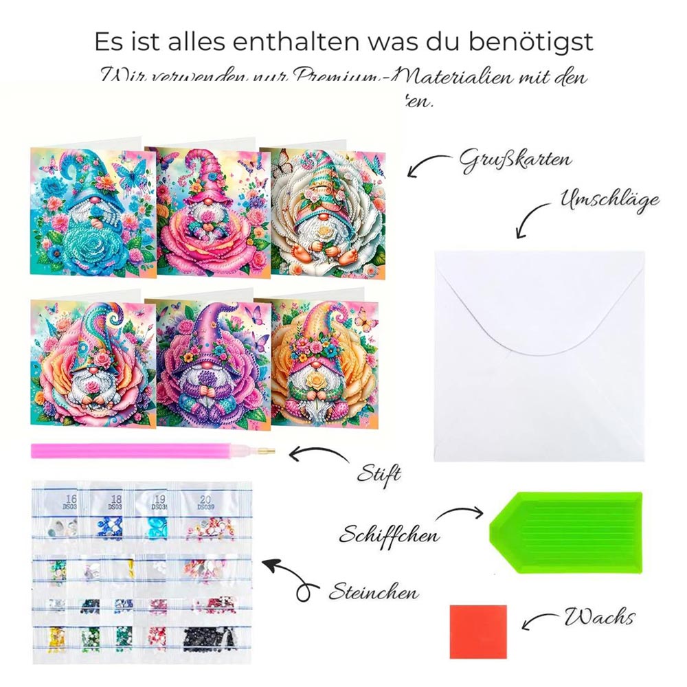 5D Diamond Painting Grußkarten – Wichtel im Blütenzauber 6 Stück, Unique-Diamond
