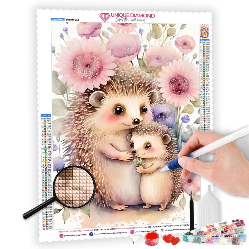 5D Diamond Painting AB Steine Igel Mama mit Kind, Unique-Diamond