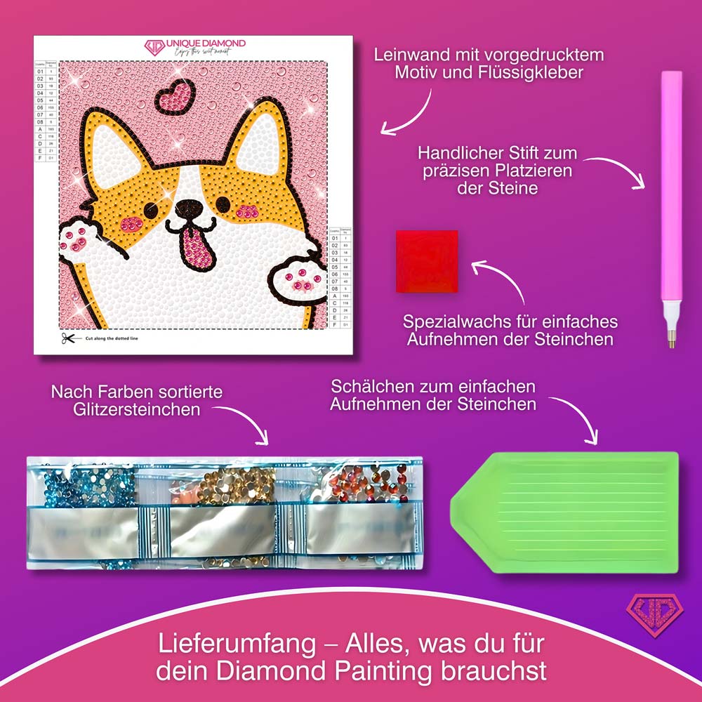 5D Diamond Painting Liebeshund mit Strasssteinchen, Unique-Diamond