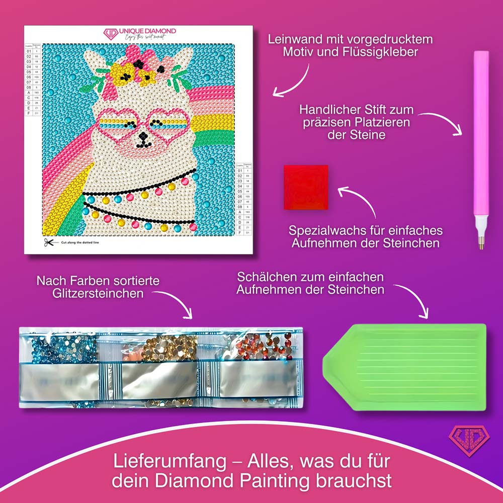 5D Diamond Painting Regenbogen-Alpaka Gloria mit Strasssteinchen, Unique-Diamond