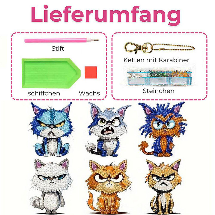 5D Diamond Painting Schlüsselanhänger Bad Cats 6 Stück, Unique-Diamond