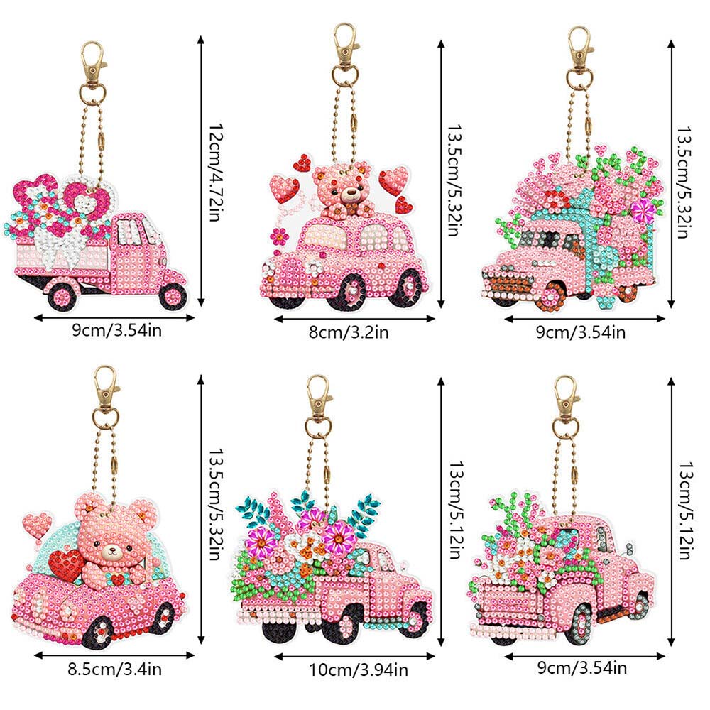 5D Diamond Painting Schlüsselanhänger Rosa Wagen 6 Stück, Unique-Diamond