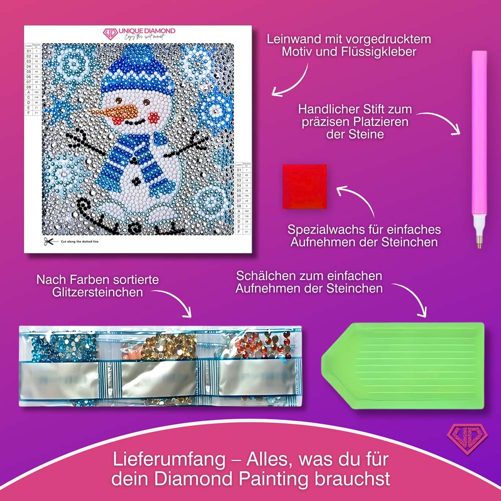 5D Diamond Painting Schneemann Flocki mit Strasssteinchen, Unique-Diamond