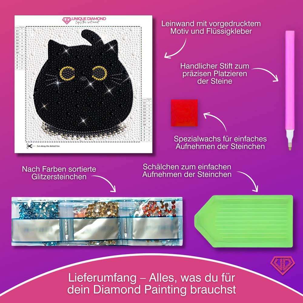 5D Diamond Painting Schwarze Katze mit Strasssteinchen, Unique-Diamond