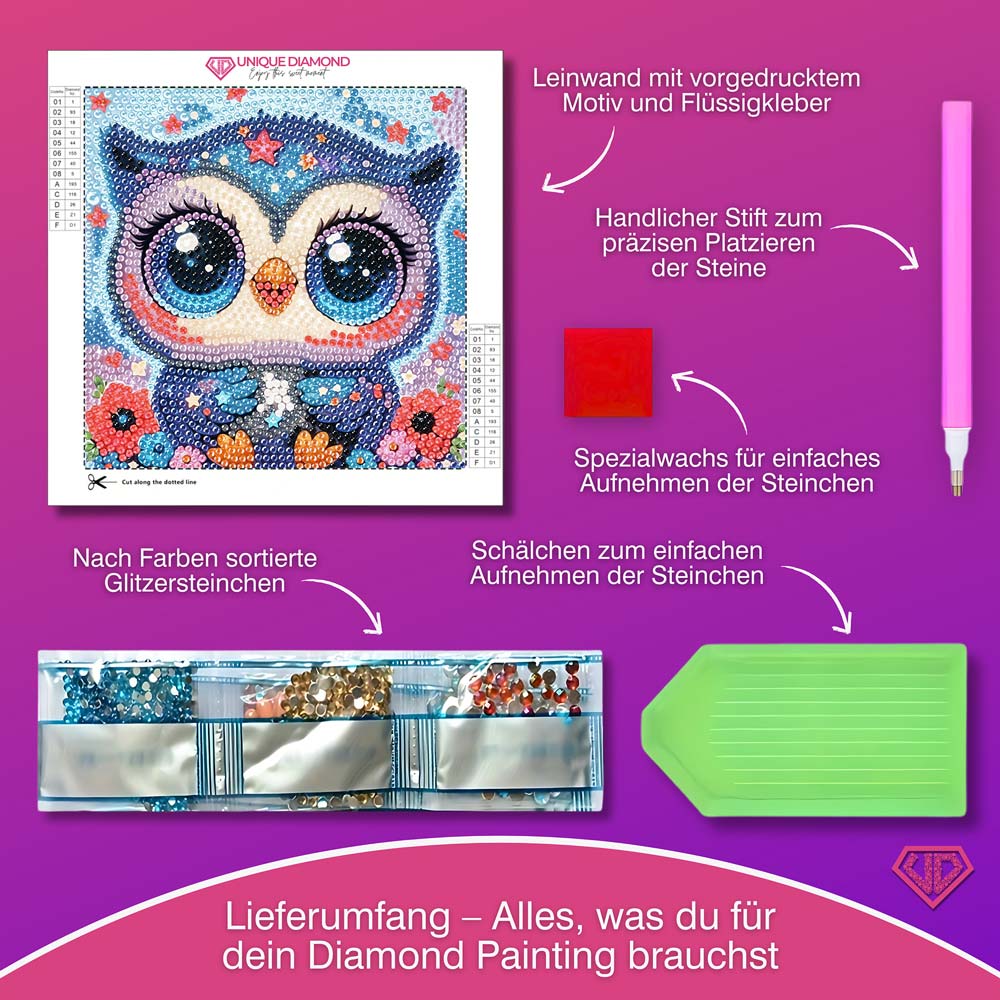 5D Diamond Painting Traumhafte Sternen-Eule Lumi mit Strasssteinchen, Unique-Diamond