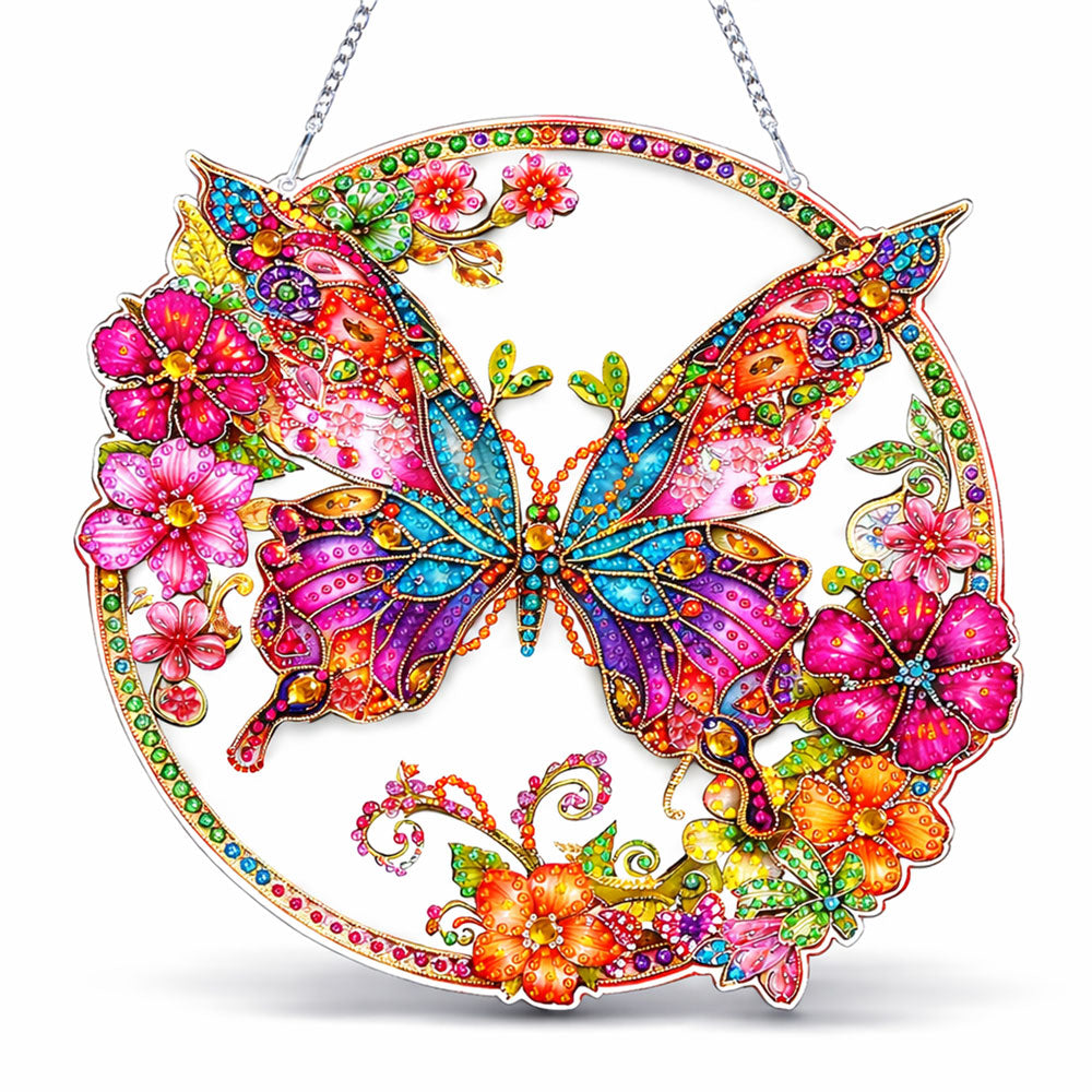 5D Diamond Painting Wandanhänger – Farbenflügel im Blütenkreis