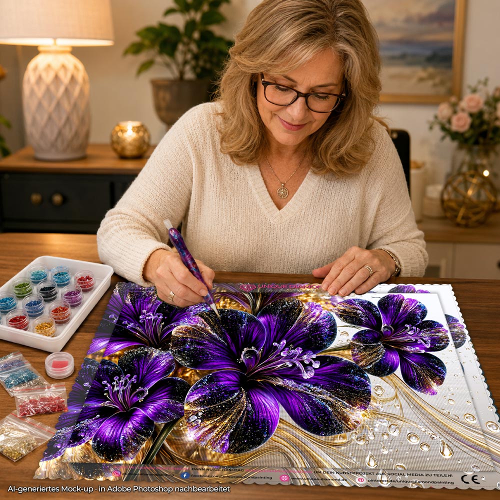 5D Diamond Painting – Amethystblüten im Goldrausch