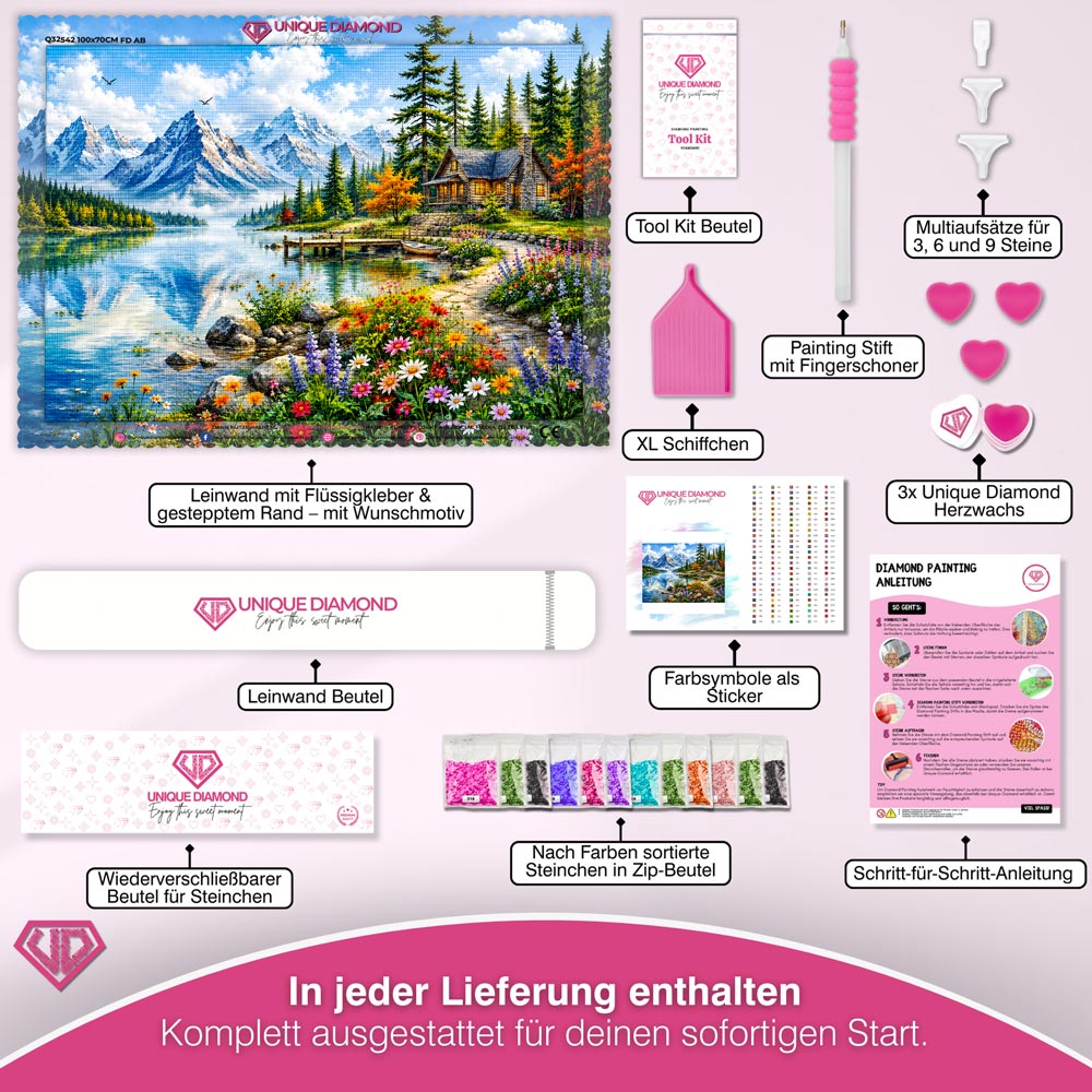 5D Diamond Painting – Berghütte am Kristallsee