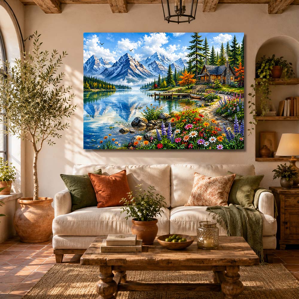 5D Diamond Painting – Berghütte am Kristallsee