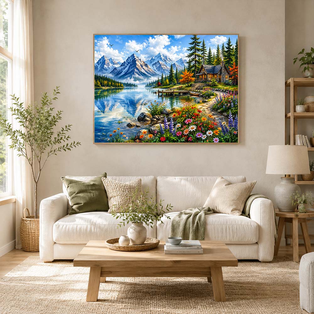 5D Diamond Painting – Berghütte am Kristallsee