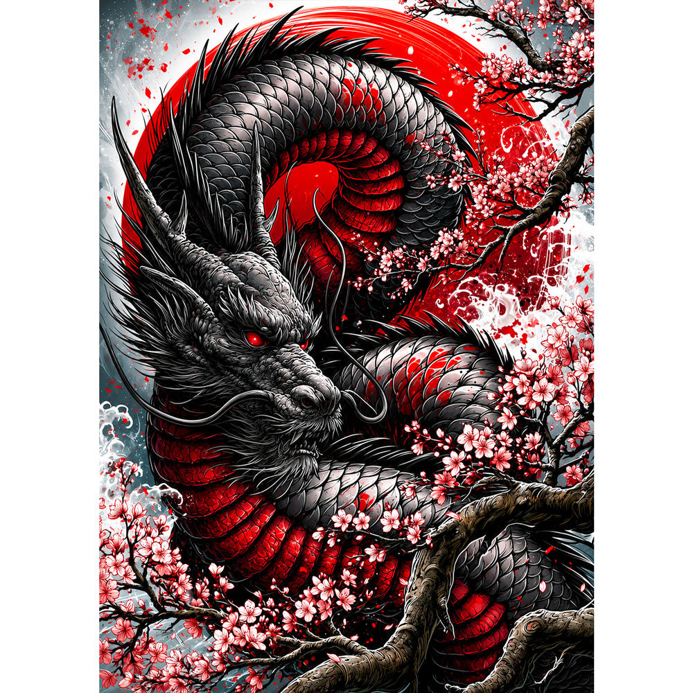 5D Diamond Painting – Black Dragon Sakura | Unique Diamond