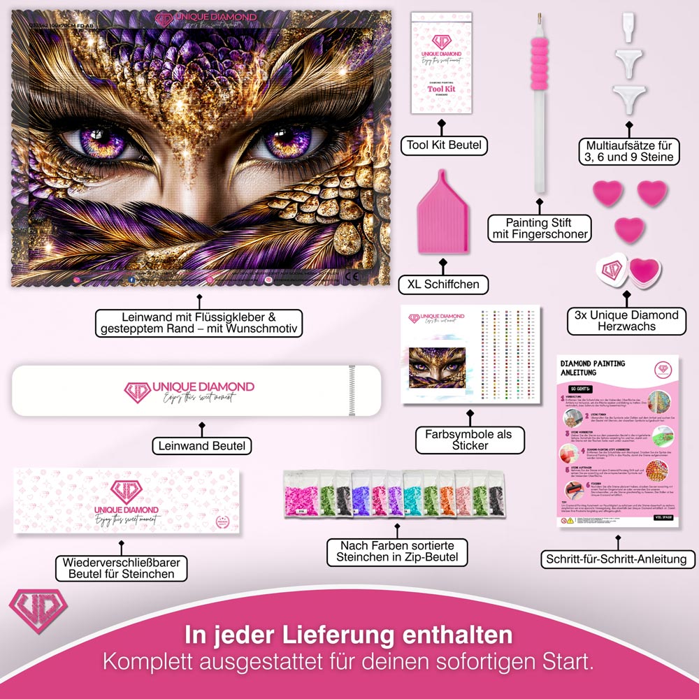 5D Diamond Painting – Blick der goldenen Federmagie