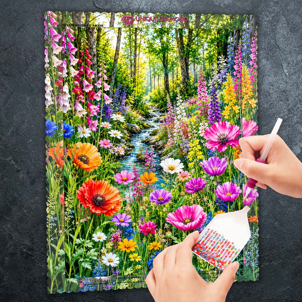 5D Diamond Painting – Blütenbach im Frühlingswald