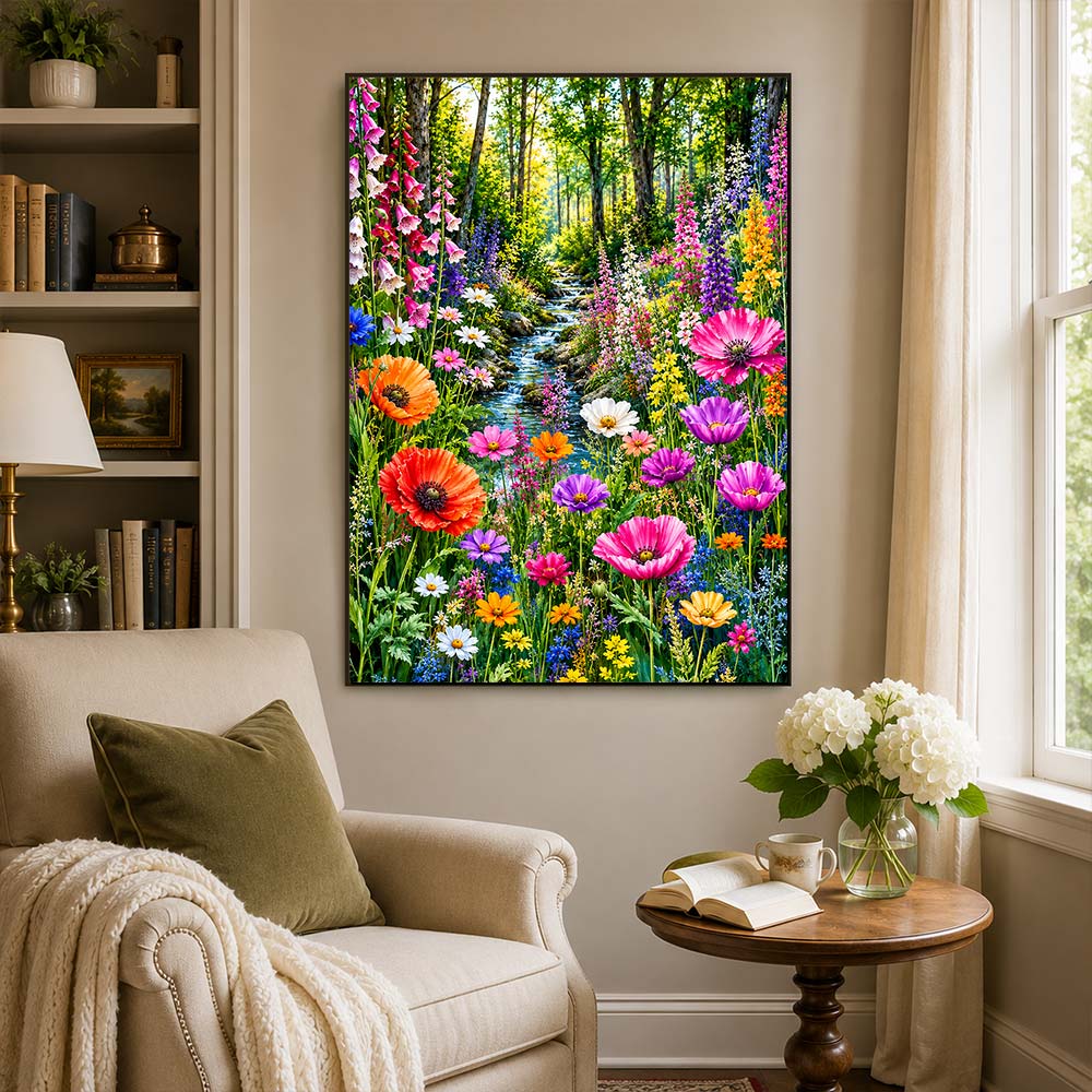 5D Diamond Painting – Blütenbach im Frühlingswald