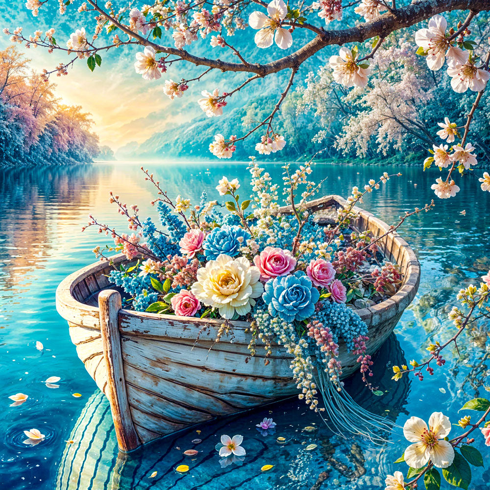 5D Diamond Painting – Blütenboot auf stillem See, Unique-Diamond