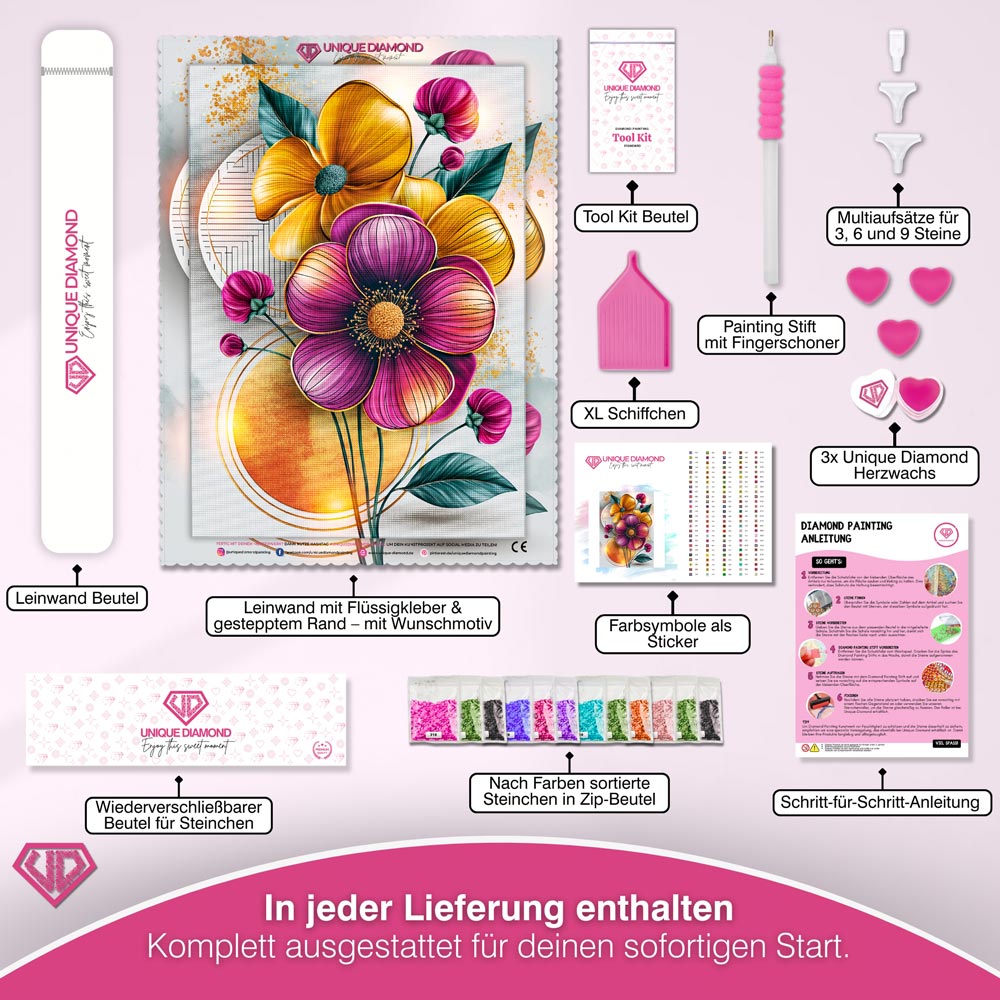 5D Diamond Painting – Blütenklang in Gold und Amethyst