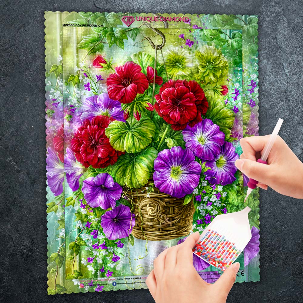 5D Diamond Painting – Blütenkorb in lebendiger Gartenpracht