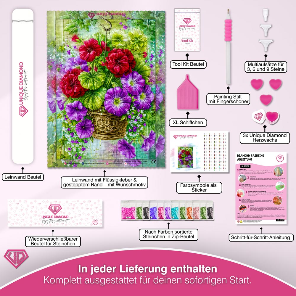 5D Diamond Painting – Blütenkorb in lebendiger Gartenpracht