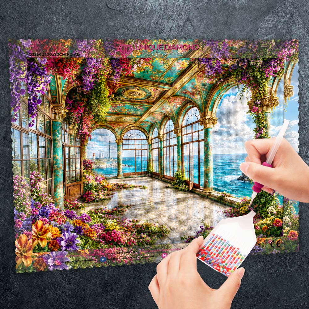 5D Diamond Painting – Blütenloggia am Azurmeer