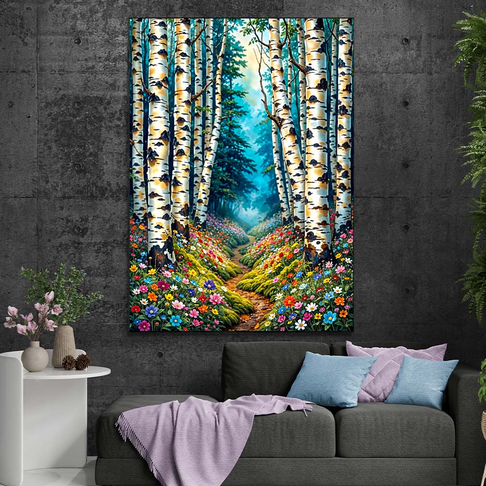 5D Diamond Painting – Blütenpfad im Birkenwald, Unique-Diamond