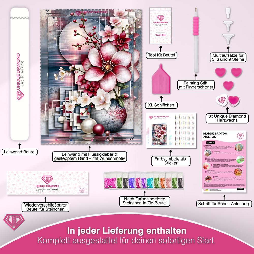 5D Diamond Painting – Blütenpoesie in Rubin & Perlmutt