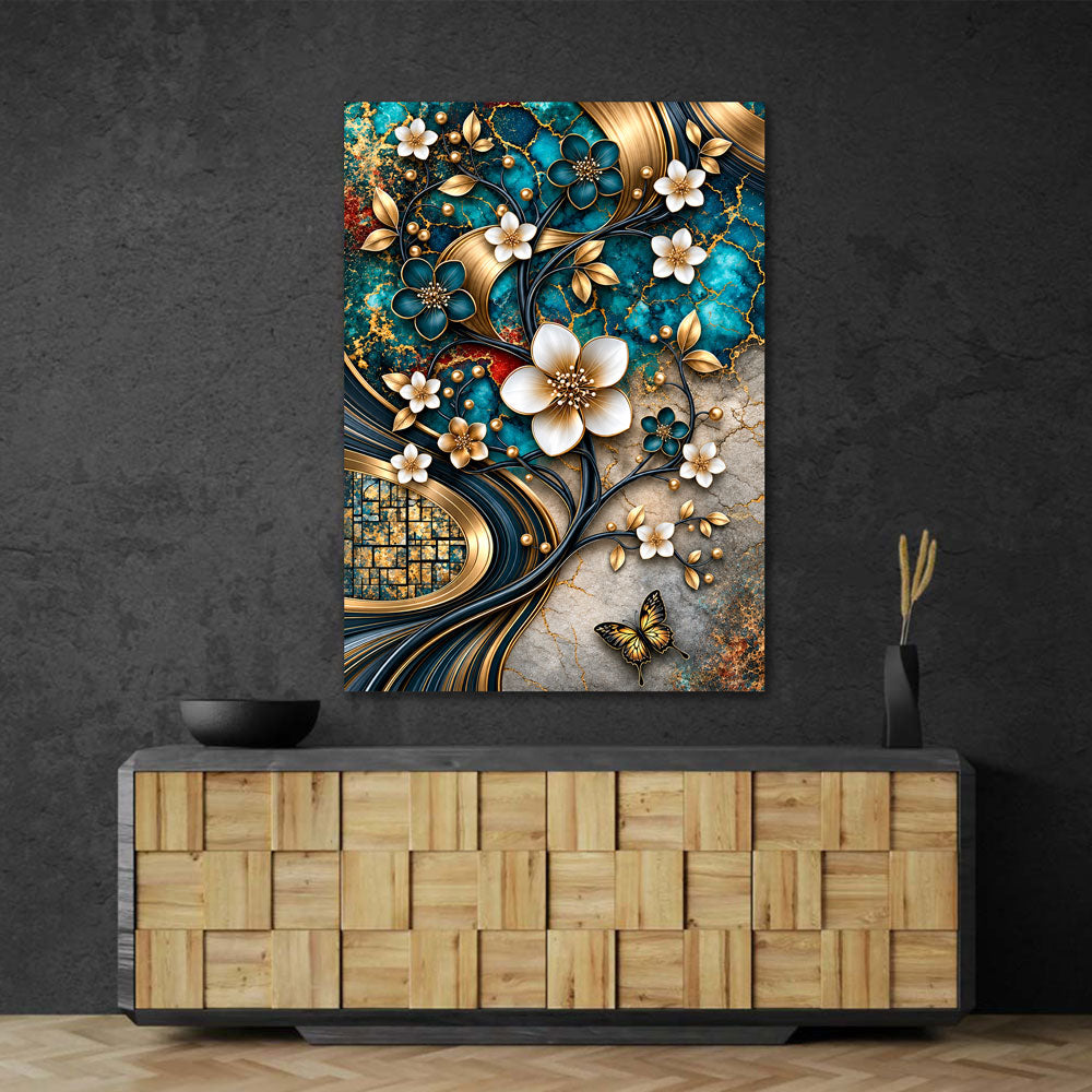5D Diamond Painting – Blütentanz in Türkis & Gold