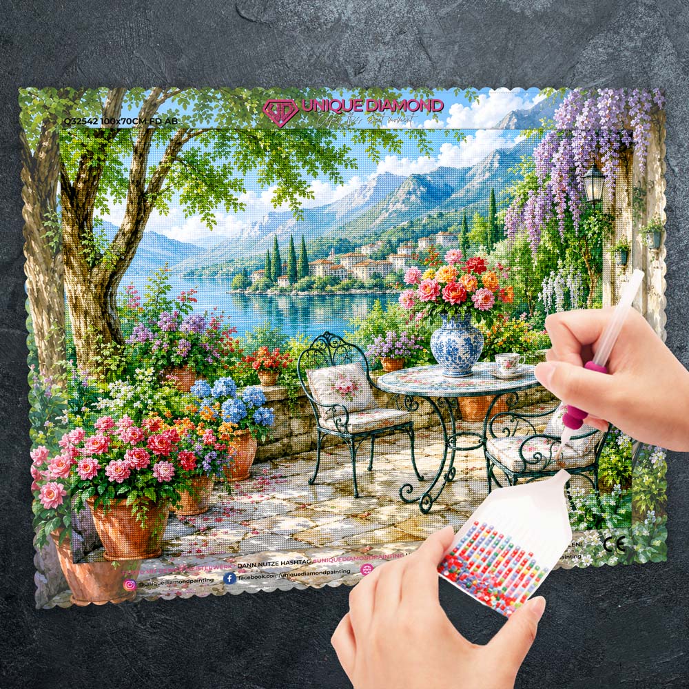 5D Diamond Painting – Blütenterrasse am Bergsee