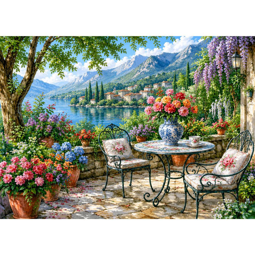 5D Diamond Painting – Blütenterrasse am Bergsee | Unique Diamond