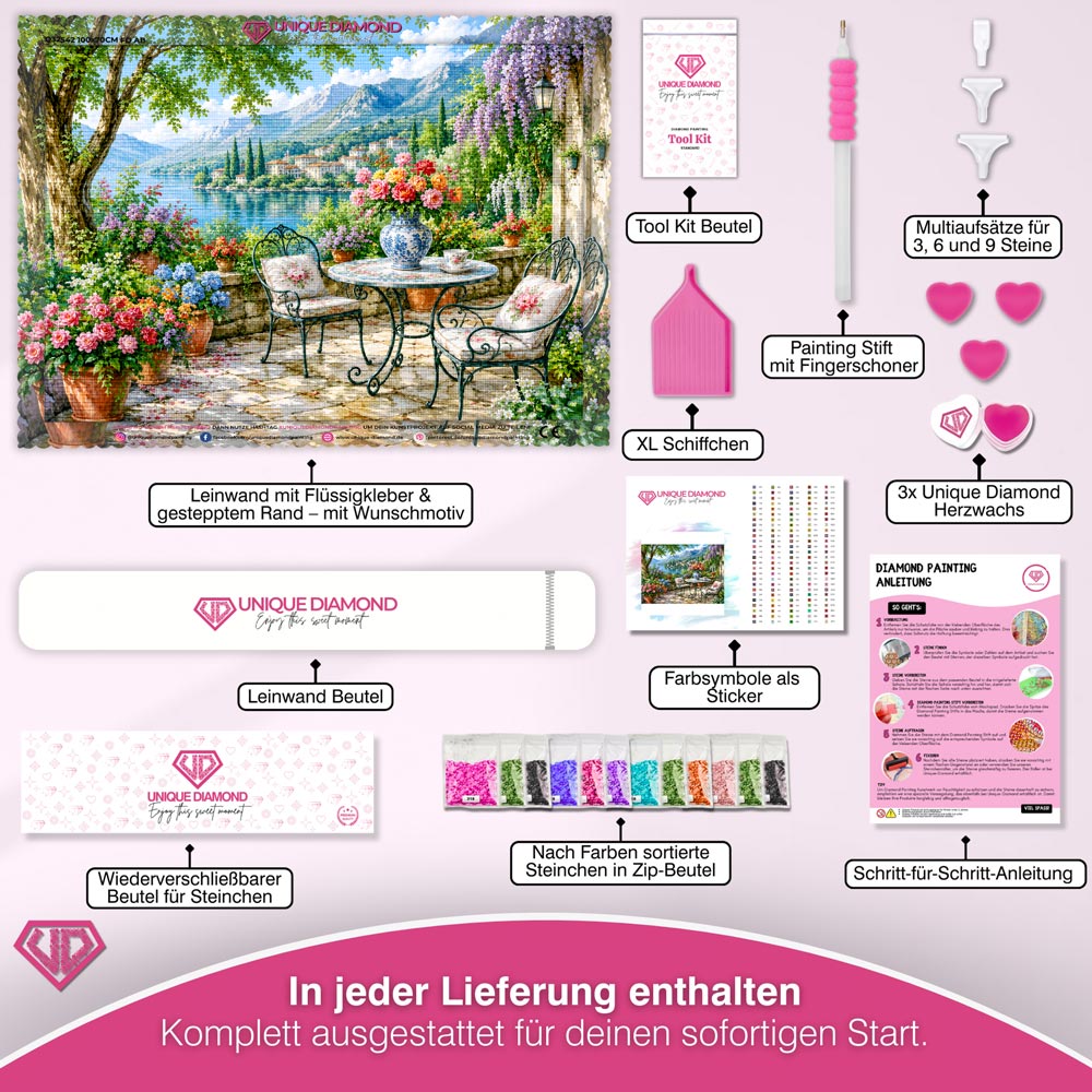 5D Diamond Painting – Blütenterrasse am Bergsee