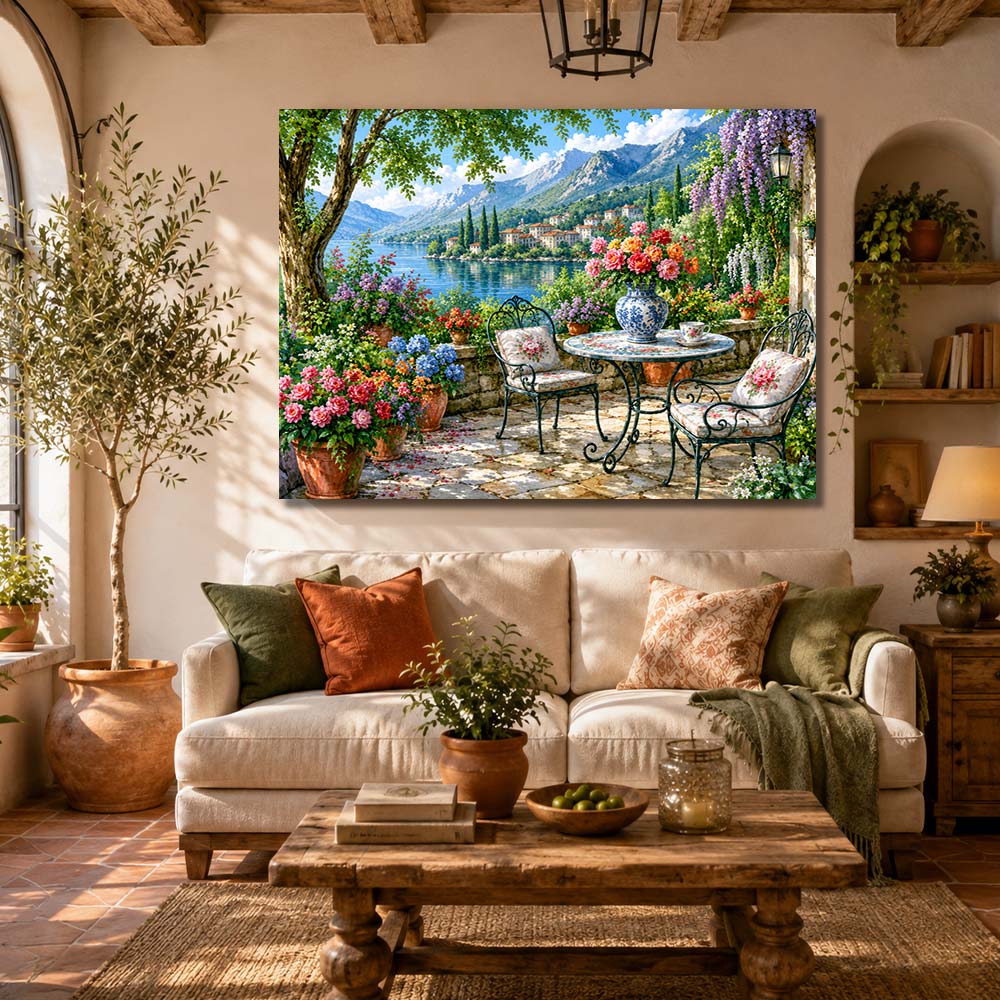 5D Diamond Painting – Blütenterrasse am Bergsee