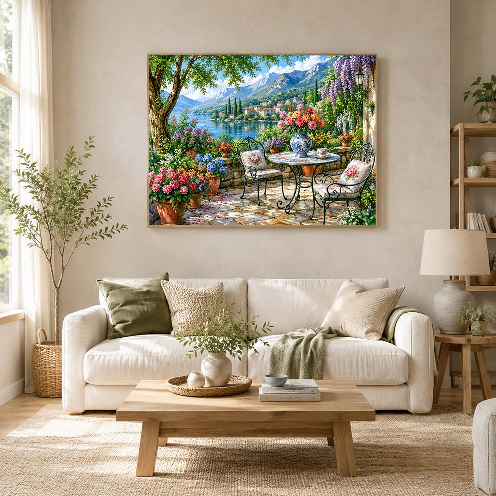 5D Diamond Painting – Blütenterrasse am Bergsee