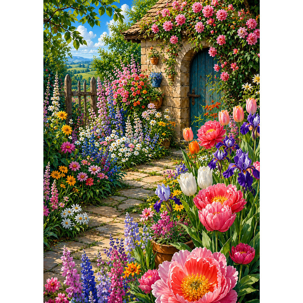 5D Diamond Painting – Blütenzauber am Gartenhaus | Unique Diamond