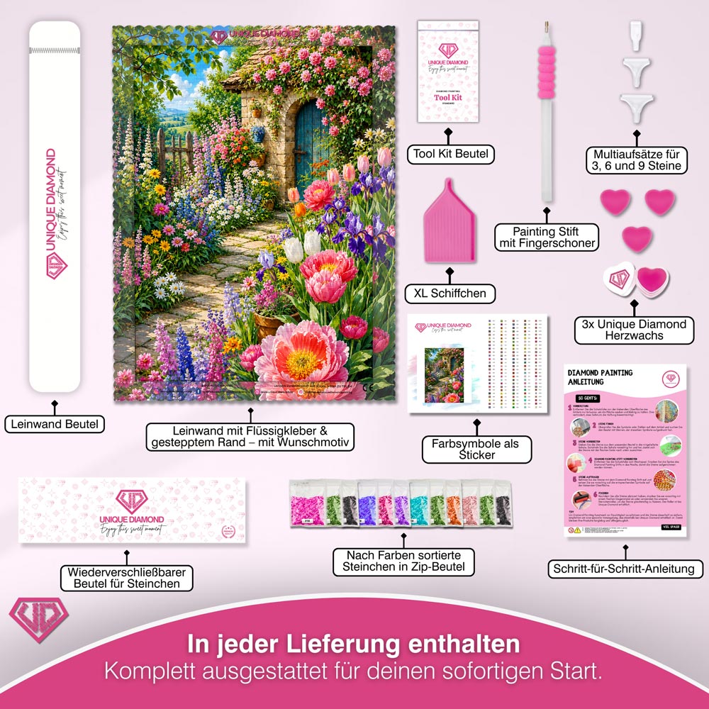 5D Diamond Painting – Blütenzauber am Gartenhaus