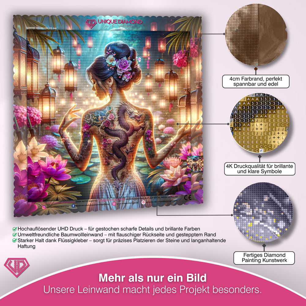 5D Diamond Painting – Drachenlicht im Blütenhain Unique-Diamond