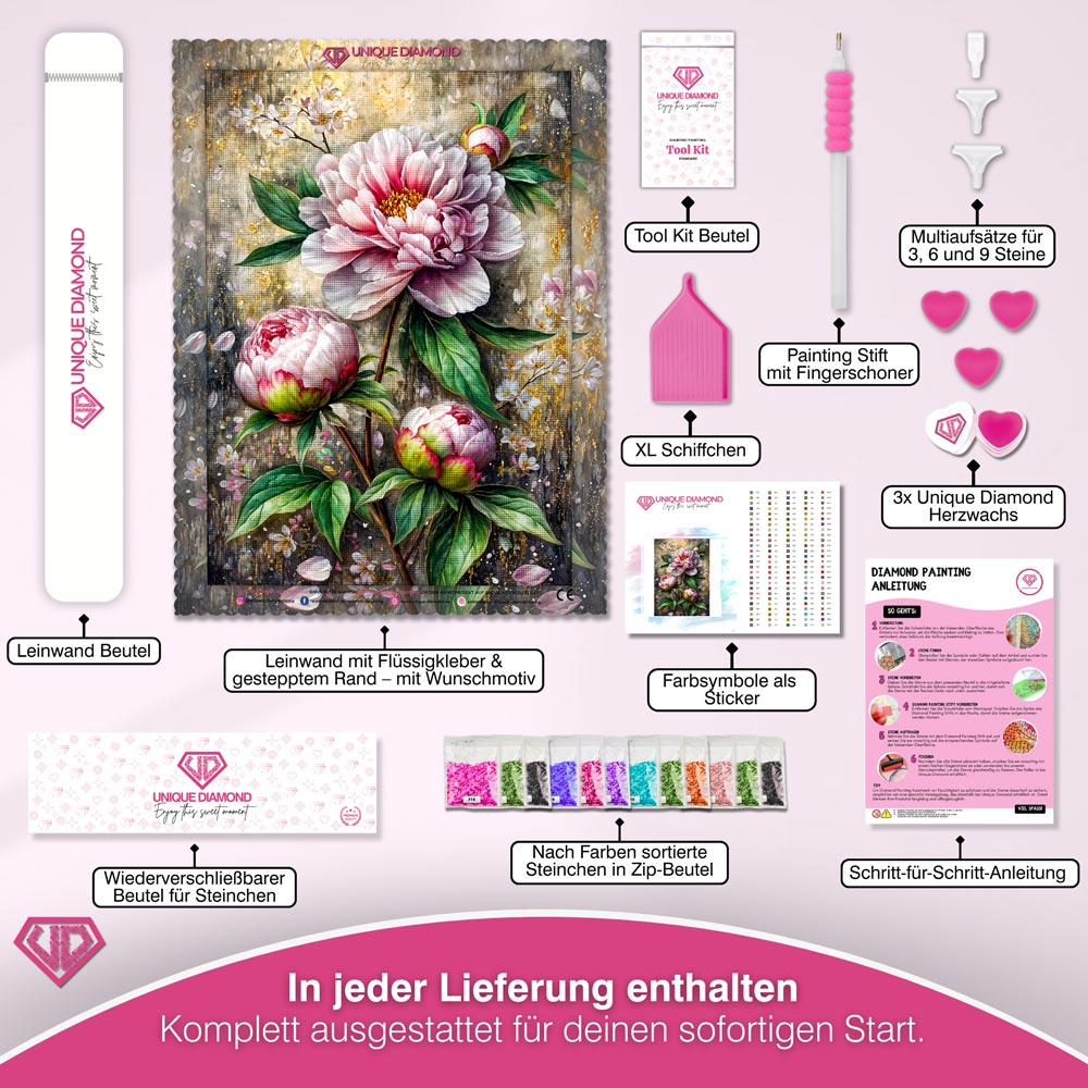 5D Diamond Painting – Edle Pfingstrose in zarter Blütenpracht