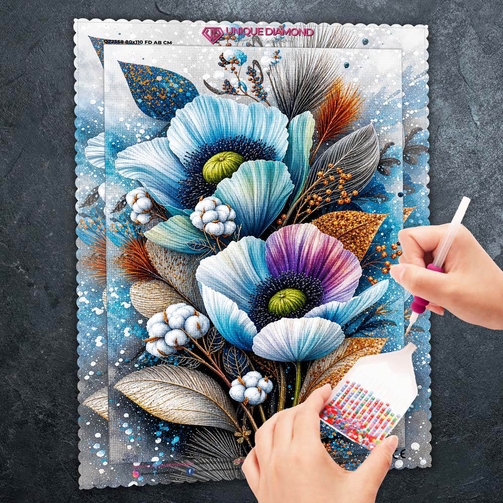 5D Diamond Painting – Eisblaue Blütenpoesie