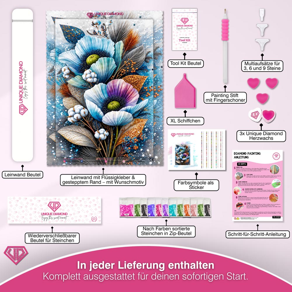 5D Diamond Painting – Eisblaue Blütenpoesie